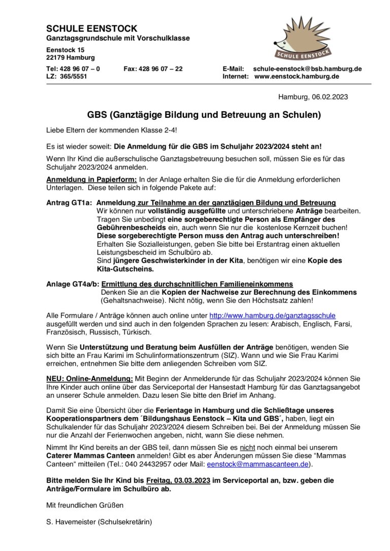 Elternbrief Anmeldung für die GBS Schuljahr 2023/2024 | Schule Eenstock